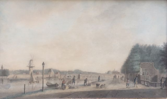 Hollandse School, 18e eeuw   | De Hoge Sluis in de Amstel bij Amsterdam, gezien vanaf de Weesperzijde, aquarel op papier 21,8 x 36,9 cm