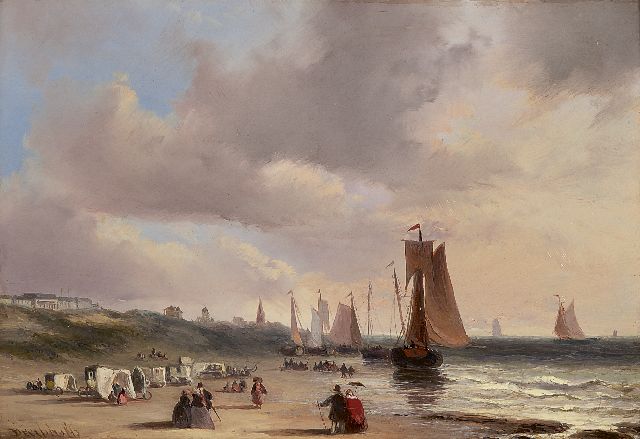 Christiaan Lodewijk Willem Dreibholtz | Bomschuiten, badkoetsen en wandelaars op het strand van Scheveningen, olieverf op paneel, 23,9 x 34,3 cm, gesigneerd l.o.
