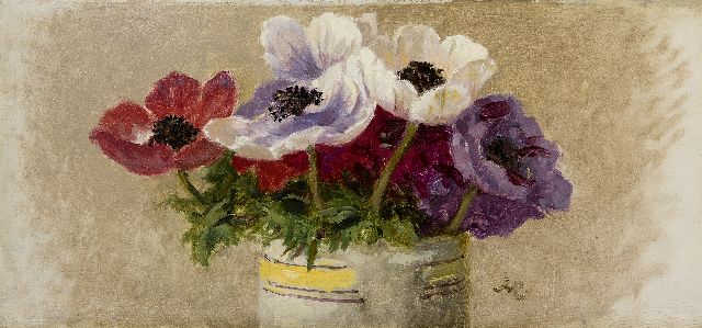 Henriette Ronner-Knip | Anemonen, olieverf op paneel, 15,9 x 33,1 cm, gesigneerd r.o. met monogram