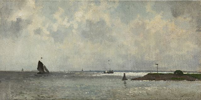 Cornelis Vreedenburgh | Havenhoofd onder Hollandse wolkenlucht, olieverf op doek, 29,8 x 60,3 cm