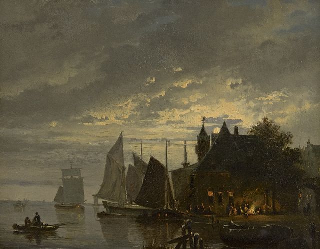 Hendrik Gerrit ten Cate | Veerstoep en aangemeerde zeilschepen bij maanlicht, olieverf op paneel, 25,1 x 32,0 cm, zonder lijst