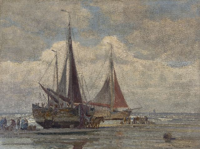 Wilhem Hambüchen | Visafslag op het strand van Katwijk, olieverf op doek, 60,4 x 80,6 cm, gesigneerd r.o. en zonder lijst