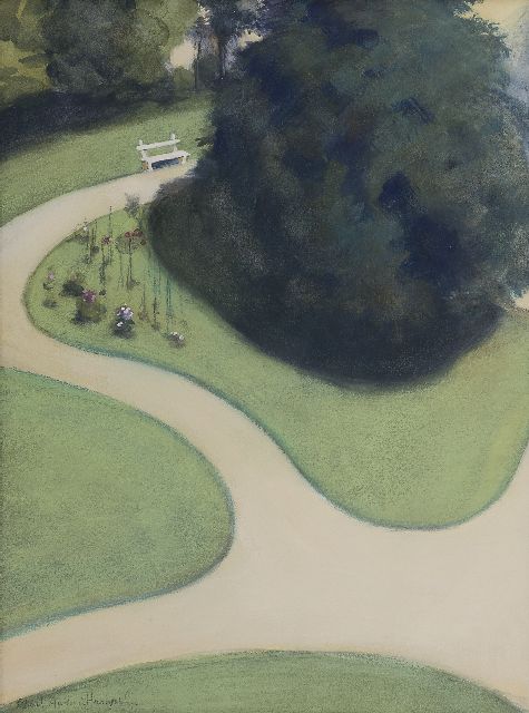 Charlotte Hampel | Het witte bankje, krijt en gouache op papier, 44,3 x 32,7 cm, gesigneerd l.o. en te dateren na 1897