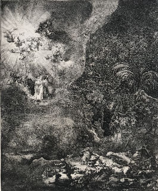 Rembrandt | De verkondiging aan de herders, ets, 26,2 x 21,7 cm, gesigneerd r.o. en gedateerd in de plaat 1634