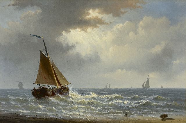 Willem Gruijter jr. | Hollandse zeilschepen voor de kust, olieverf op paneel, 23,0 x 35,1 cm, gesigneerd l.o. met initialen en verso met lakzegel