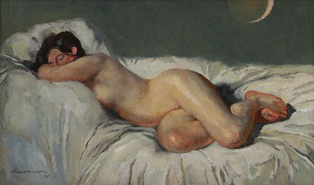 Hendrik Johannes Haverman | Liggend naakt bij zonsverduistering, olieverf op doek, 31,1 x 50,3 cm, gesigneerd l.o.