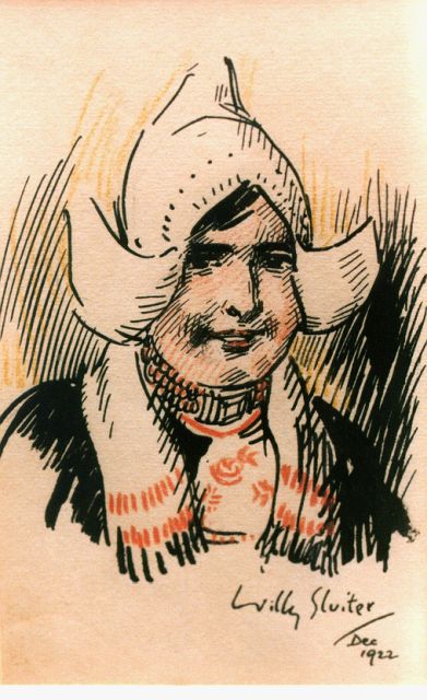 Willy Sluiter | Volendams meisje, Oost-Indische inkt op papier, 15,5 x 9,5 cm, gesigneerd r.o. en gedateerd 1922