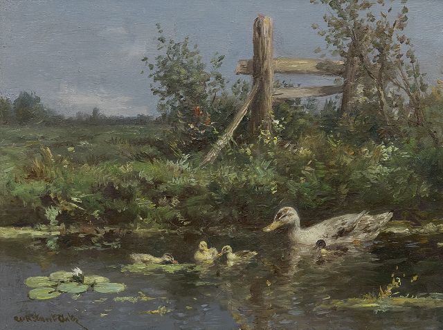 Constant Artz | Eendenfamilie langs de waterkant, olieverf op paneel, 18,1 x 24,2 cm, gesigneerd l.o.