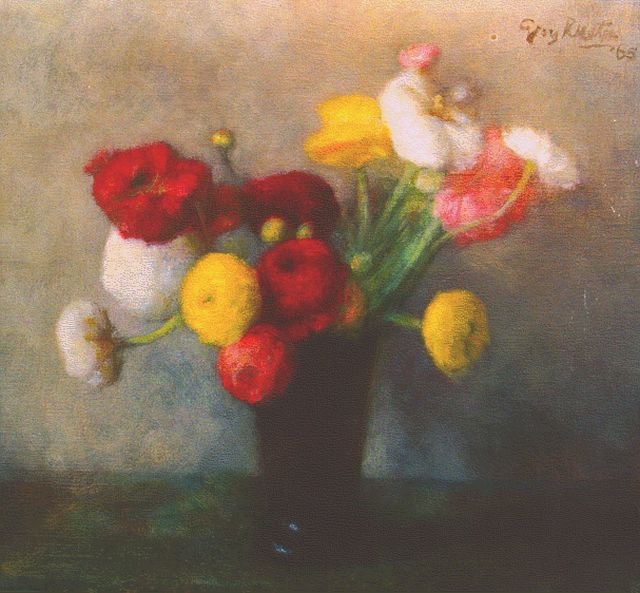 Georg Rueter | Ranonkels in een vaas, olieverf op doek, 41,3 x 44,0 cm, gesigneerd r.b. en gedateerd '65
