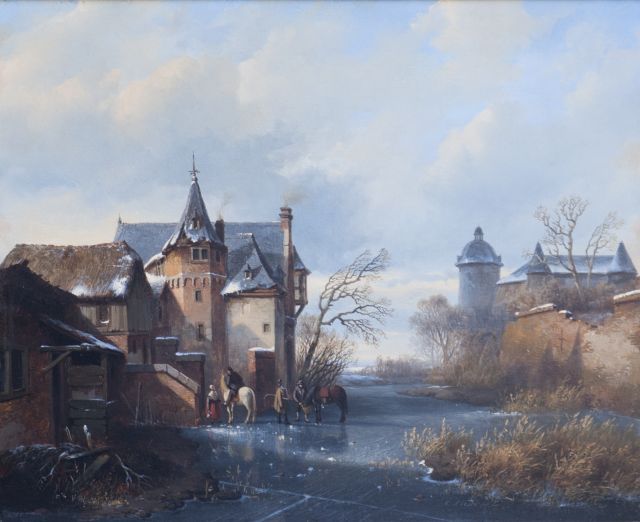 Cornelis Lieste | Ruiters en paarden op het ijs bij Slot Moyland, olieverf op paneel, 34,5 x 42,8 cm, gesigneerd r.o.