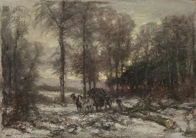 Louis Apol | Kar met paarden op besneeuwd bospad, olieverf op doek, 50,3 x 70,4 cm, gesigneerd l.o.
