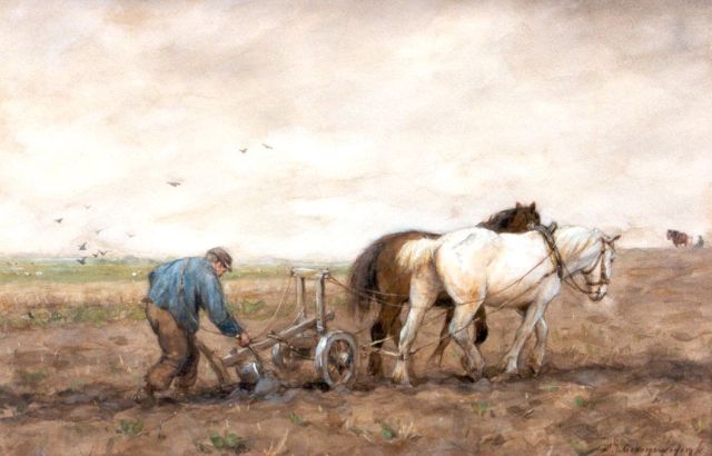 Adriaan Groenewegen | Ploegende boer, aquarel op papier, 33,3 x 51,0 cm, gesigneerd r.o.