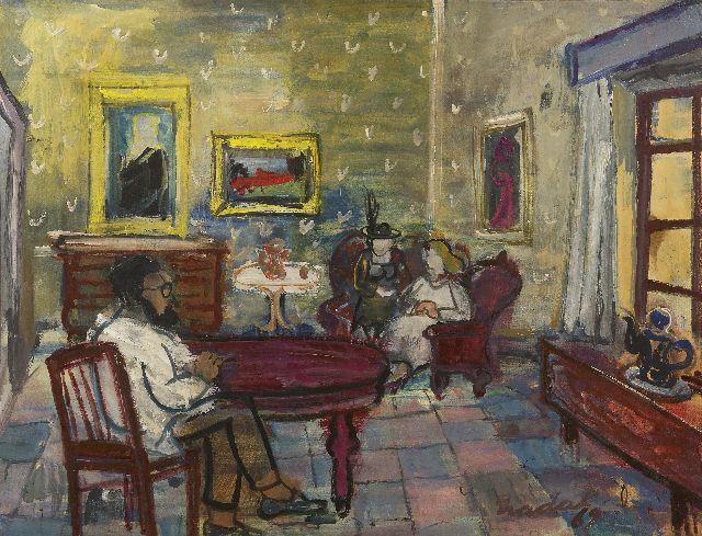 Carlos Nadal | Interieur met figuren, olieverf op papier op doek, 49,9 x 65,0 cm, gesigneerd r.o. en gedateerd '69