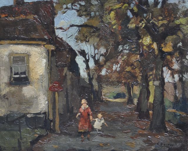 Cor Noltee | Dorpslaantje met moeder en kind, olieverf op paneel, 26,9 x 32,8 cm, gesigneerd r.o.