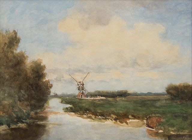 Jan Hendrik Weissenbruch | De Oude Meije molen en in het verschiet de Nieuwe Ziende molen in de polder Nieuwkoop en Noorden, aquarel op papier, 45,2 x 60,4 cm, gesigneerd r.o. en gedateerd 1901