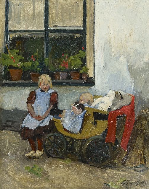 Eduard Frankfort | Op zusje passen, olieverf op board, 40,2 x 31,5 cm, gesigneerd r.o.