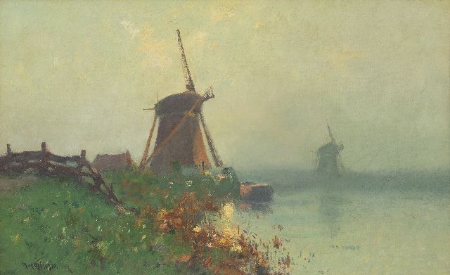Henk Dekker | Molens in de ochtendnevel, olieverf op doek, 26,8 x 43,2 cm, gesigneerd l.o.