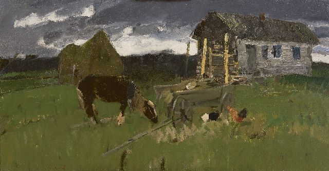 Varichev I.M.  | Aan de rand van het dorp, olieverf op doek 59,7 x 115,3 cm, gesigneerd l.o., verso en op spieraam