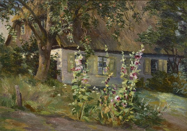 Marie Weber | Stokrozen bij een boerderij, olieverf op board, 34,8 x 49,8 cm, gesigneerd l.o. en verso met stempel op etiket en gedateerd 1919