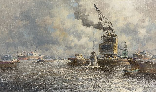Drulman M.J.  | Scheepvaart en baggerschip op de Nieuwe Maas bij Rotterdam, olieverf op doek 60,3 x 100,8 cm, gesigneerd r.o. met pseudoniem 'M. de Jongere'