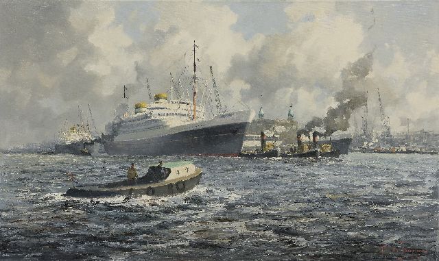 M.J. Drulman (M. de Jongere) | Schepen van de Holland Amerika Lijn (HAL) aan de Rotterdamse kade, olieverf op doek, 60,1 x 100,1 cm, gesigneerd r.o. met pseudoniem 'M. de Jongere'