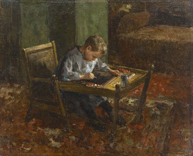 Hein Kever | Huiswerk maken, olieverf op doek, 54,2 x 66,3 cm, gesigneerd r.o.