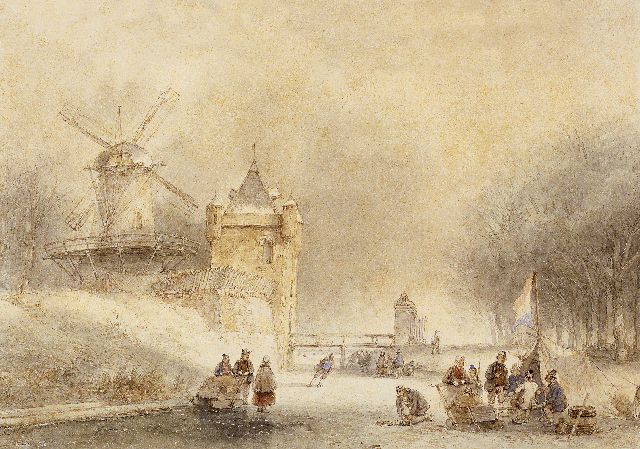 Andreas Schelfhout | IJsvertier bij een stadspoort, pen, inkt en aquarel op papier, 21,9 x 29,0 cm, gesigneerd l.o.