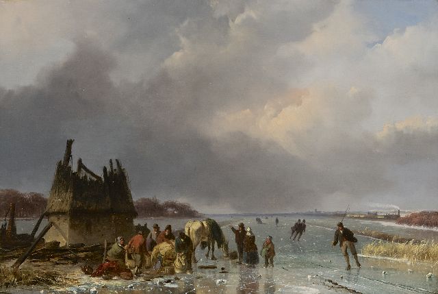 Nicolaas Roosenboom | IJsgezicht met schaatsers bij een molenruïne, rechts een stoomtrein, olieverf op paneel, 29,4 x 43,7 cm, gesigneerd r.o. en te dateren ca. 1850-1855