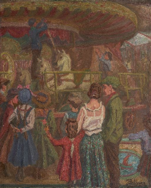 Jan Bakhoven | Het opzetten van de draaimolen, olieverf op doek, 52,0 x 42,1 cm, gesigneerd r.o. en gedateerd '37