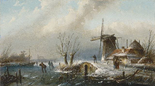 Jacob Jan Coenraad Spohler | Winterlandschap met schaatsers (pendant van 18684), olieverf op doek, 18,3 x 32,5 cm, gesigneerd r.o.