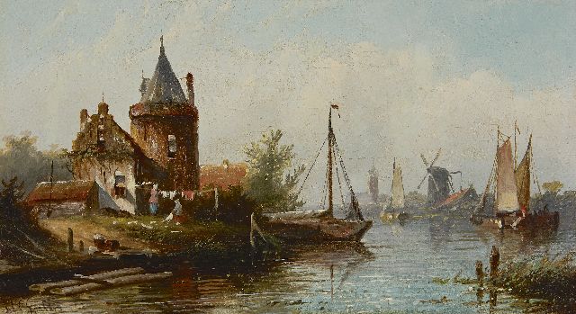 Jacob Jan Coenraad Spohler | Zomerse vaart met bleekveldje (pendant van 18678), olieverf op doek, 18,2 x 32,5 cm, gesigneerd l.o.