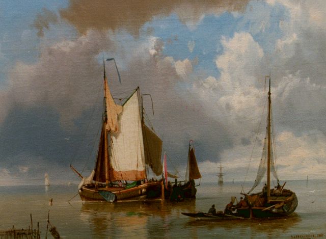 Jan H.B. Koekkoek | Zeilschepen op zee, olieverf op doek, 24,0 x 32,0 cm, gesigneerd r.o. en gedateerd 1861
