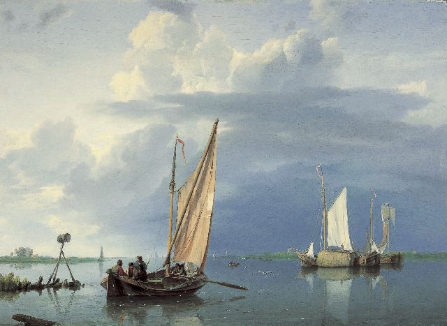 Hermanus Koekkoek | Riviergezicht met hooischip, olieverf op paneel, 32,1 x 43,6 cm, gesigneerd l.o. met monogram (op drijfhout)
