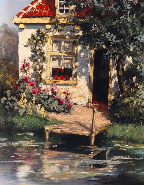 Jacob van Rossum | Tuin met steigertje, olieverf op schilderskarton, 24,0 x 19,0 cm, gesigneerd r.o.