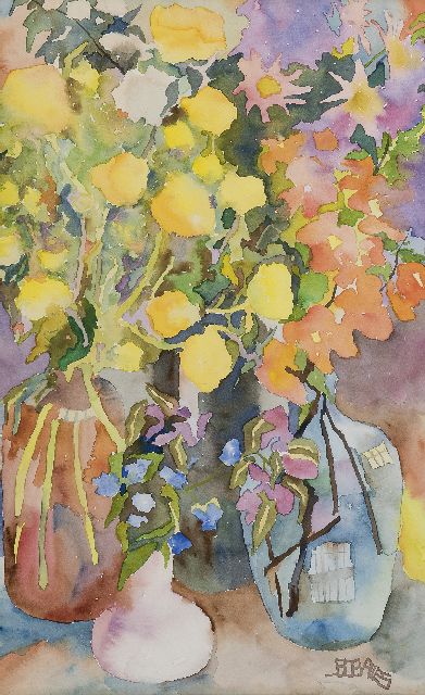 Vries J.S. de | Bloemen, aquarel op papier 50,5 x 32,5 cm, gesigneerd r.o. met monogram en te dateren jaren 60