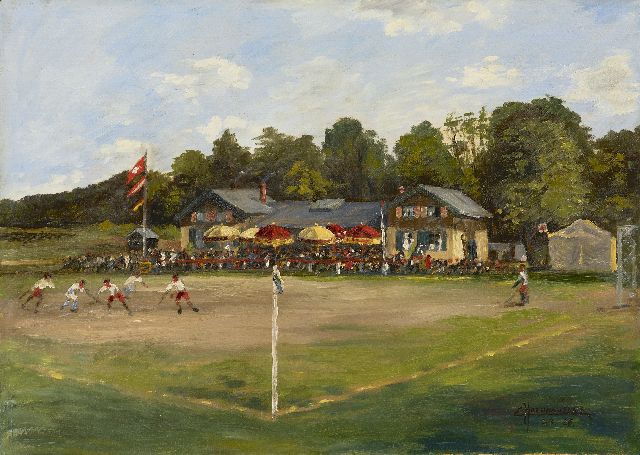 Emil Hochhäusler | Hockeywedstrijd Frankrijk-Zwitserland in Frankfurt, olieverf op doek, 44,0 x 60,3 cm, gesigneerd r.o. en gedateerd 5/4 '26