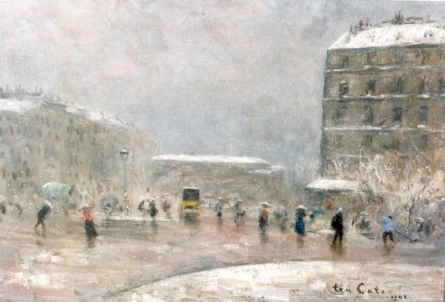 Siebe ten Cate | Besneeuwd straatgezicht in Parijs, olieverf op doek, 38,8 x 55,5 cm, gesigneerd r.o. en gedateerd 1902