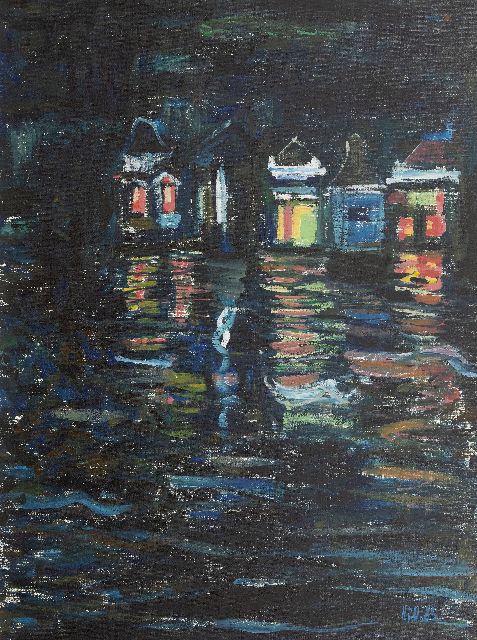 Hans Post Uiterweer | Huizen aan het water, olieverf op doek, 80,0 x 60,0 cm, gesigneerd r.o. met initialen en gedateerd '85