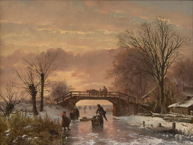 Abraham van der Wayen Pieterszen | Vertier op het ijs bij zonsondergang, olieverf op doek, 48,5 x 65,3 cm, gesigneerd l.o.