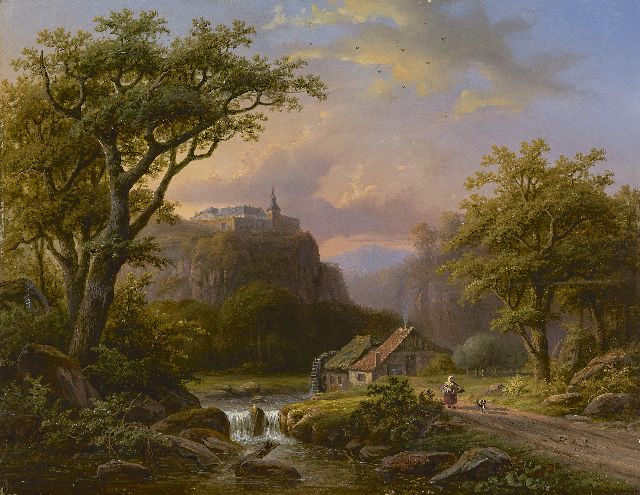 Anthony Biester | Riviervallei met watermolen en burcht, olieverf op paneel, 43,0 x 55,5 cm, gesigneerd m.o. en gedateerd 1865
