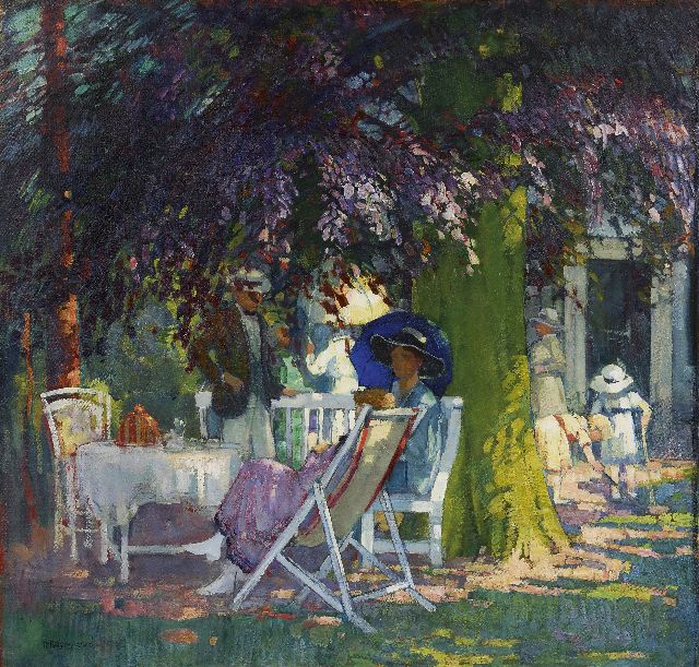 Frans Hogerwaard | Theepartij onder bruine beuk, olieverf op doek, 84,4 x 88,2 cm, gesigneerd l.o. en te dateren ca. 1915