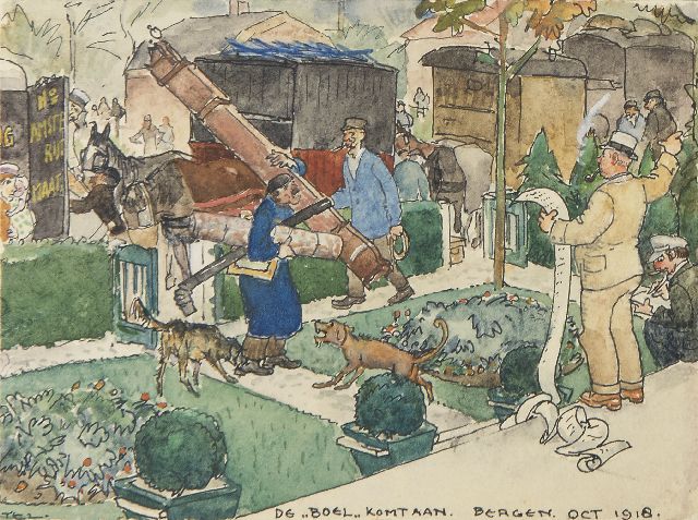 Leo Gestel | Piet Boendermaker verhuist naar Huize De Klomp in Bergen: 'De 'boel' komt aan', inkt en aquarel op papier, 8,8 x 12,1 cm, gesigneerd l.o. en gedateerd 'Bergen' oct. 1918