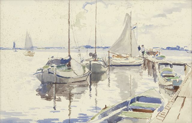 Cornelis Vreedenburgh | Platbodems bij een steiger aan de Loosdrechtse Plassen, aquarel op papier, 30,5 x 46,8 cm