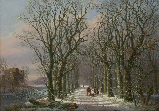 Anthony Andreas de Meijier | Besneeuwd bospad met figuren, olieverf op paneel, 51,7 x 73,4 cm, gesigneerd r.o.