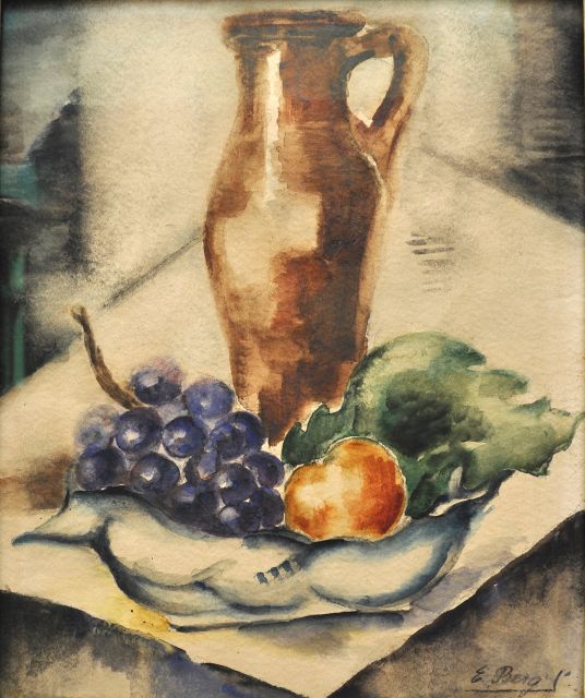 Berg E.  | Fruitschaal en kan op een tafel, aquarel op papier 37,3 x 26,5 cm, gesigneerd r.o.