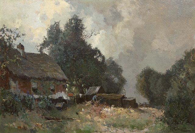Arend Jan van Driesten | Aan het werk op het erf, olieverf op doek, 52,5 x 76,5 cm, gesigneerd r.o.