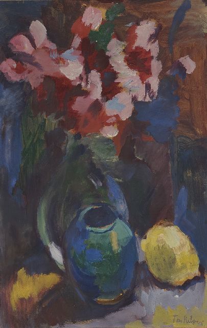 Kelder A.B.  | Stilleven met bloemen, pul en citroen, gouache op papier 40,0 x 28,2 cm, gesigneerd r.o.