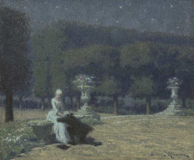 Lucovic Alleaume | Nachtelijk paradijs - De liefdesverklaring, olieverf op doek, 46,0 x 55,1 cm, gesigneerd r.o. en op resten van etiket op spieraam