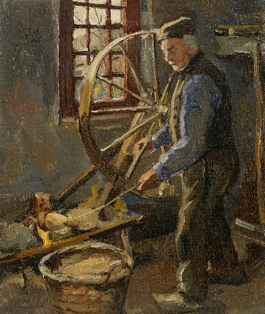 Piet Mondriaan | Interieur met wol spinnende boer, olieverf op doek, 34,0 x 28,0 cm, te dateren 1893-1897  sold