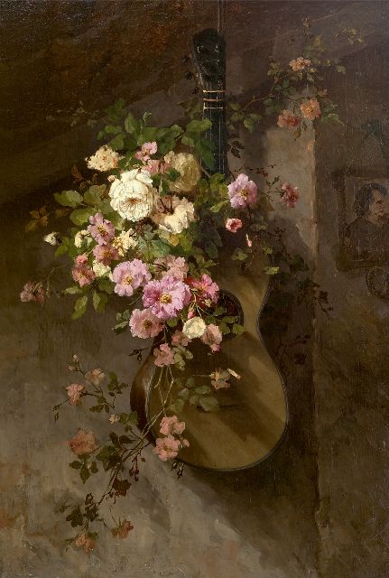 Margaretha Roosenboom | Klimrozen op een Spaanse gitaar, olieverf op doek, 110,8 x 75,9 cm